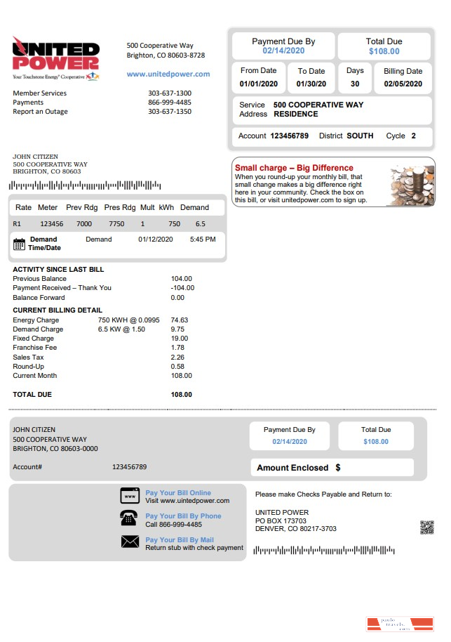 USA Colorado United Power utility bill template in Word and PDF format
